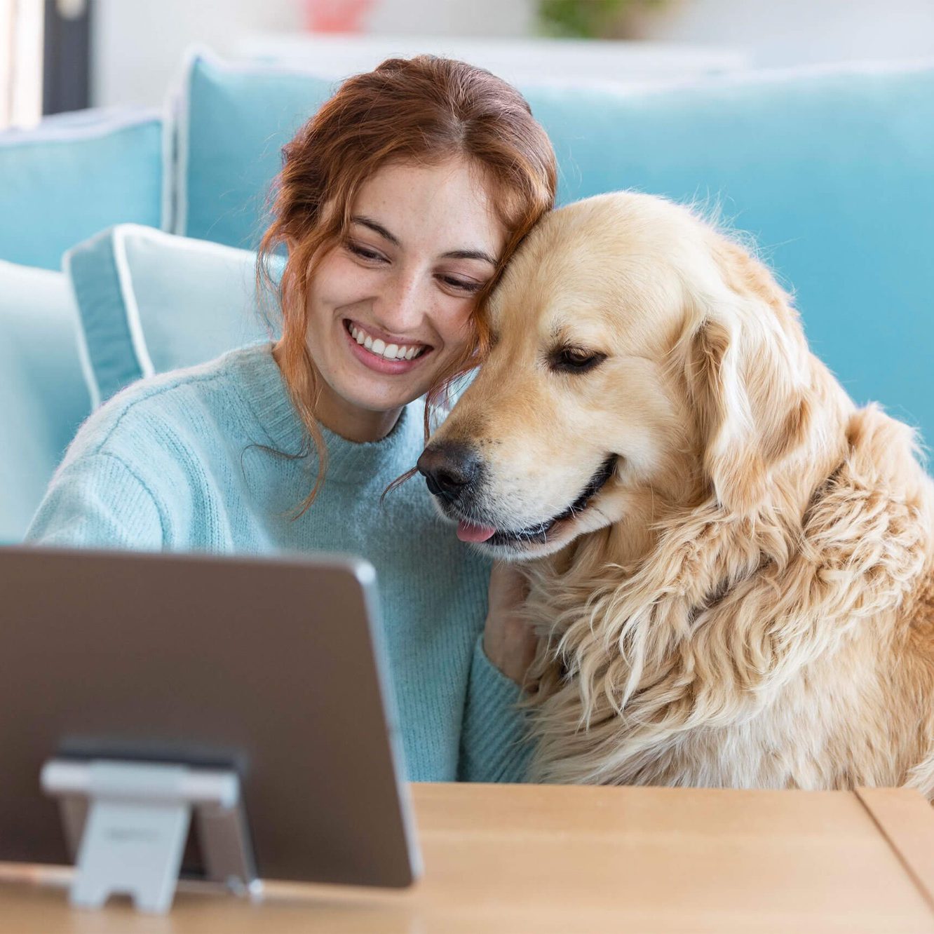 Online Kurse und Webinare, lernen von zuhause mit deinem Hund Eine Frau sitzt lächelnd mit einem Hund neben sich und schaut auf ein Tablet.