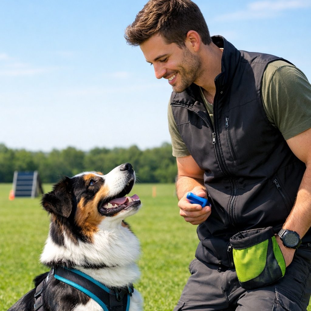 Einzel-und Gruppenstunde Pfötchenhof Pfalz Mann und Hund sind im Training mit Leckerlies auf einer Wiese beim Pfötchenhof Pfalz in der Einzelstunde